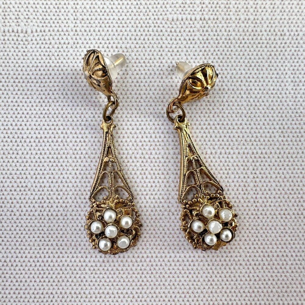 Vintage Gold Tone Filigree Dangle Earrings With Faux Seed Pearls For Pierced Ear